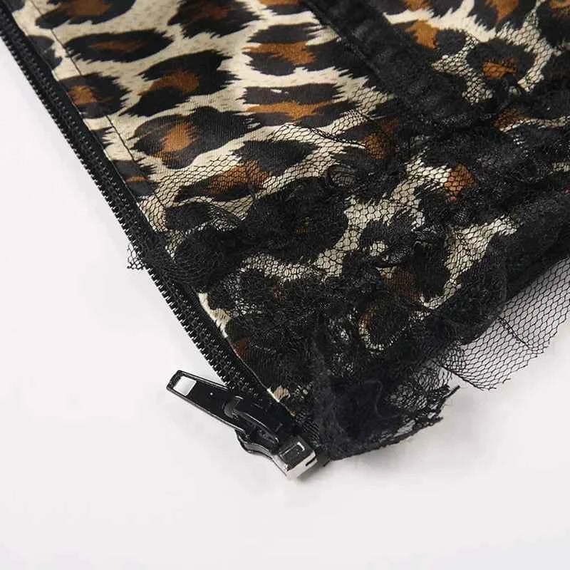 Overbust Corset Top Leopard Print Lace Bowknot Decorated Body Shaper