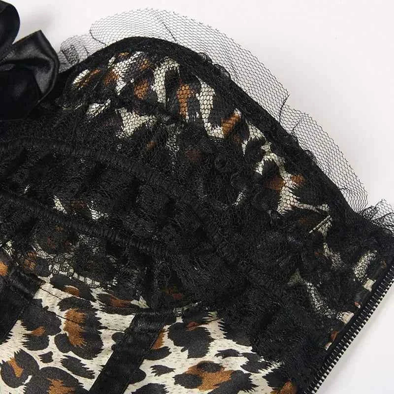 Overbust Corset Top Leopard Print Lace Bowknot Decorated Body Shaper
