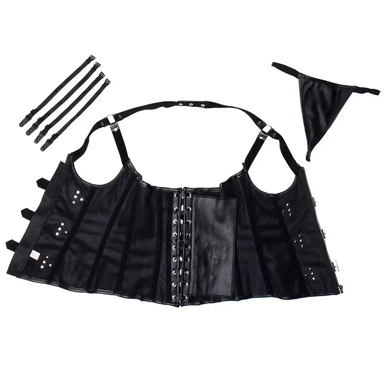 Steampunk Corsets Bustiers PU Leather Corset Halter Top Overbust Corselet  Women Zipper Gothic - DevilGothic DevilGothic