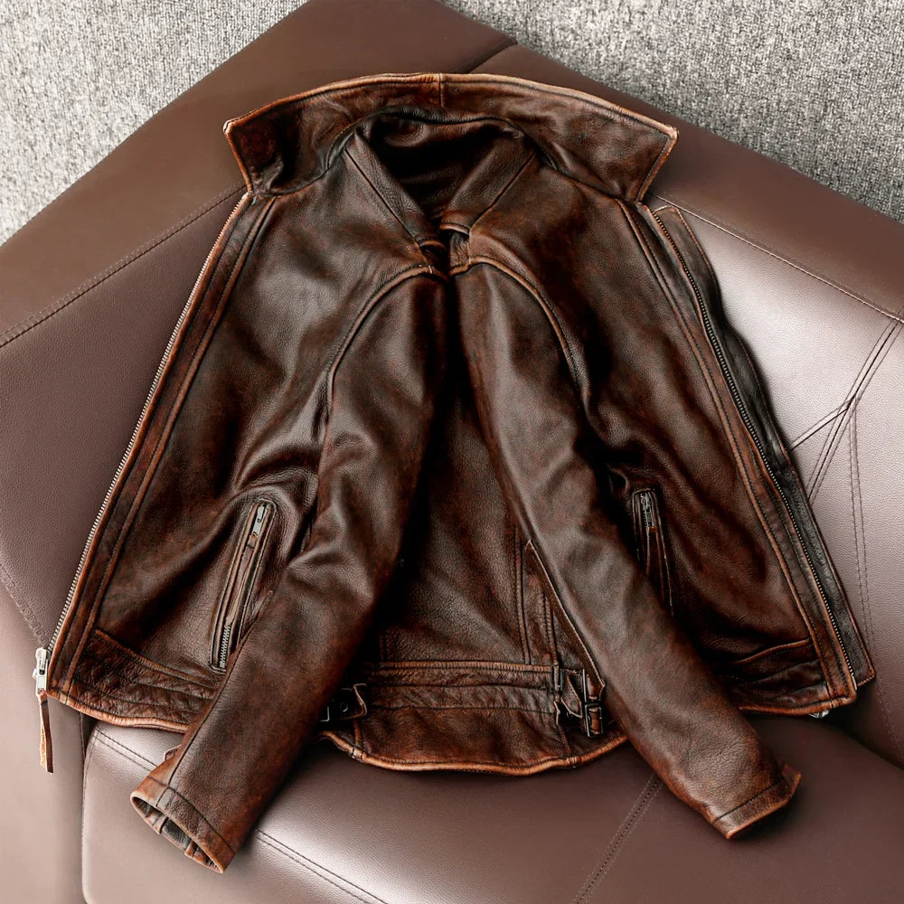 Men Genuine Leather Jacket Vintage Brown 100% Cowhide Coat Man Slim Fashion Biker jacket