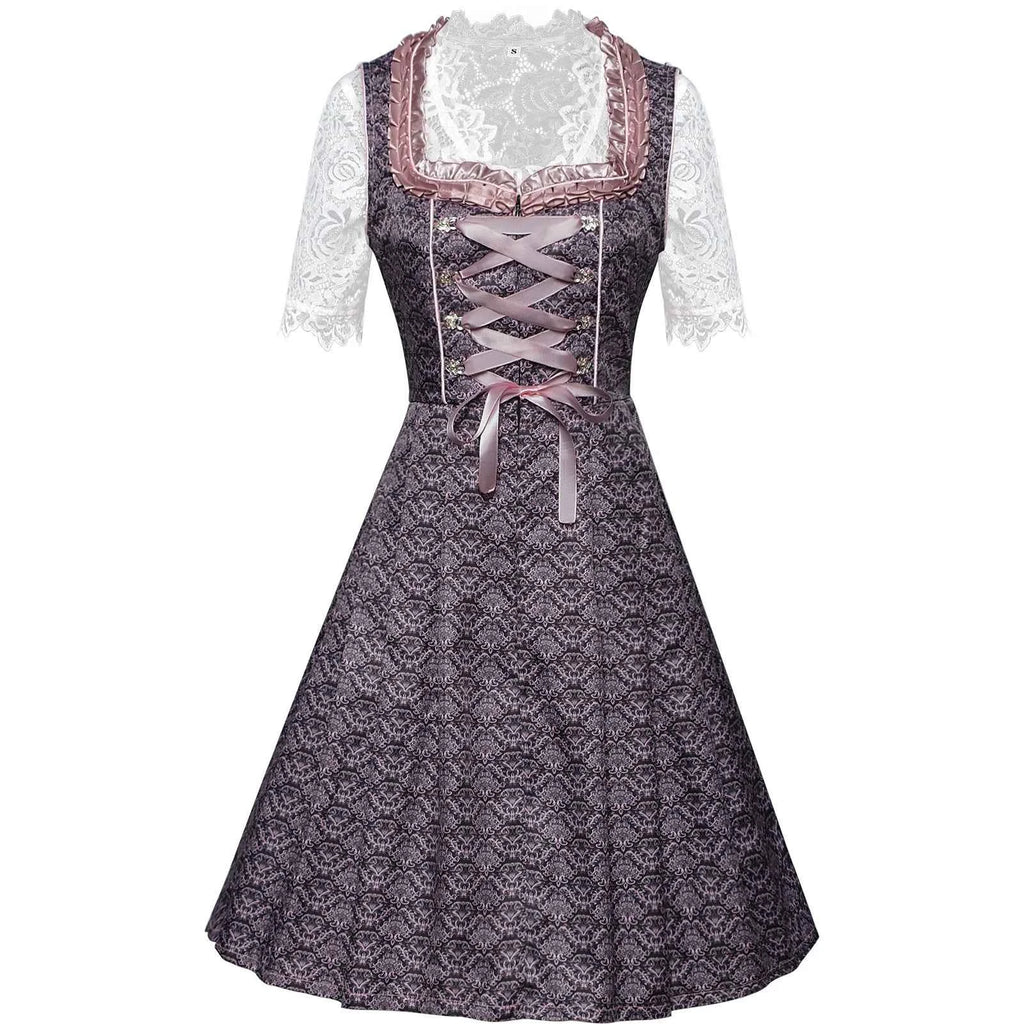Women’s Purple & Pink Dirndl Dress Set – Bavarian Oktoberfest Costume with Lace Blouse & Embroidered Apron