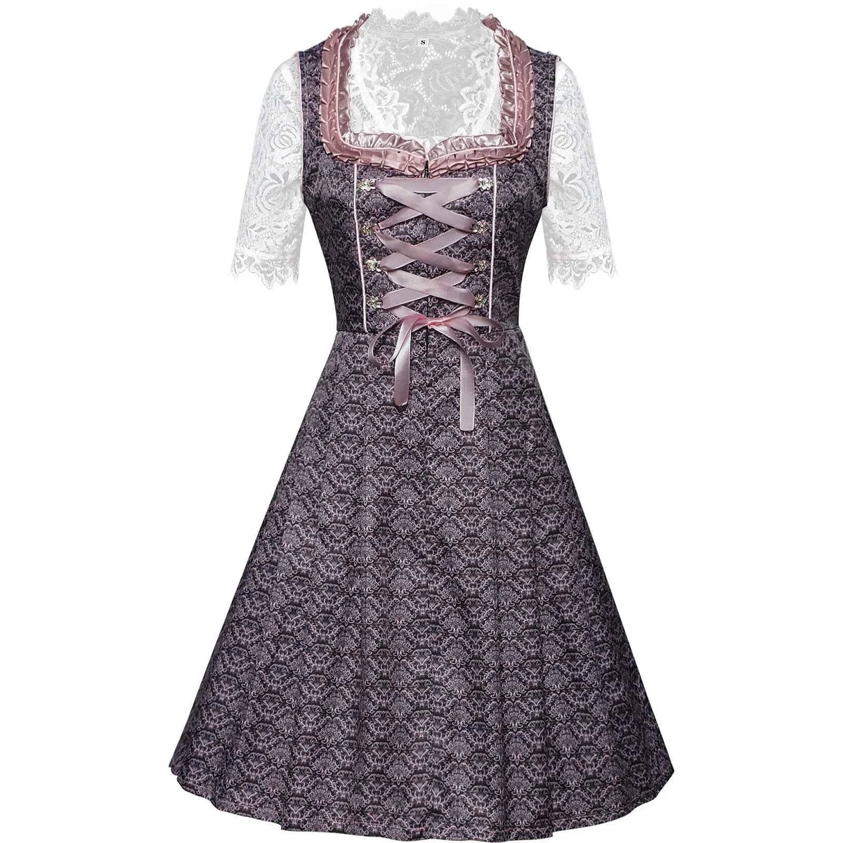 Women’s Purple & Pink Dirndl Dress Set – Bavarian Oktoberfest Costume with Lace Blouse & Embroidered Apron