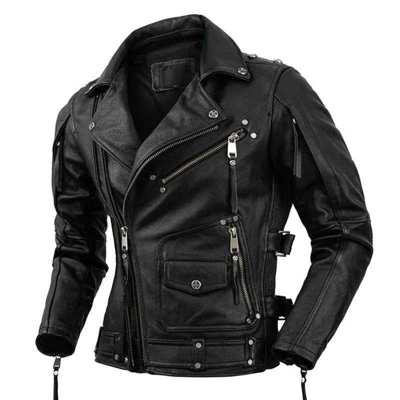 Men’s Genuine Leather Biker Jacket – Vintage Brown & Black