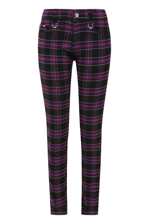 Banned Apparel Forever Yours Low-Rise Skinny Tartan Trousers in Purple - DevilGothic DevilGothic