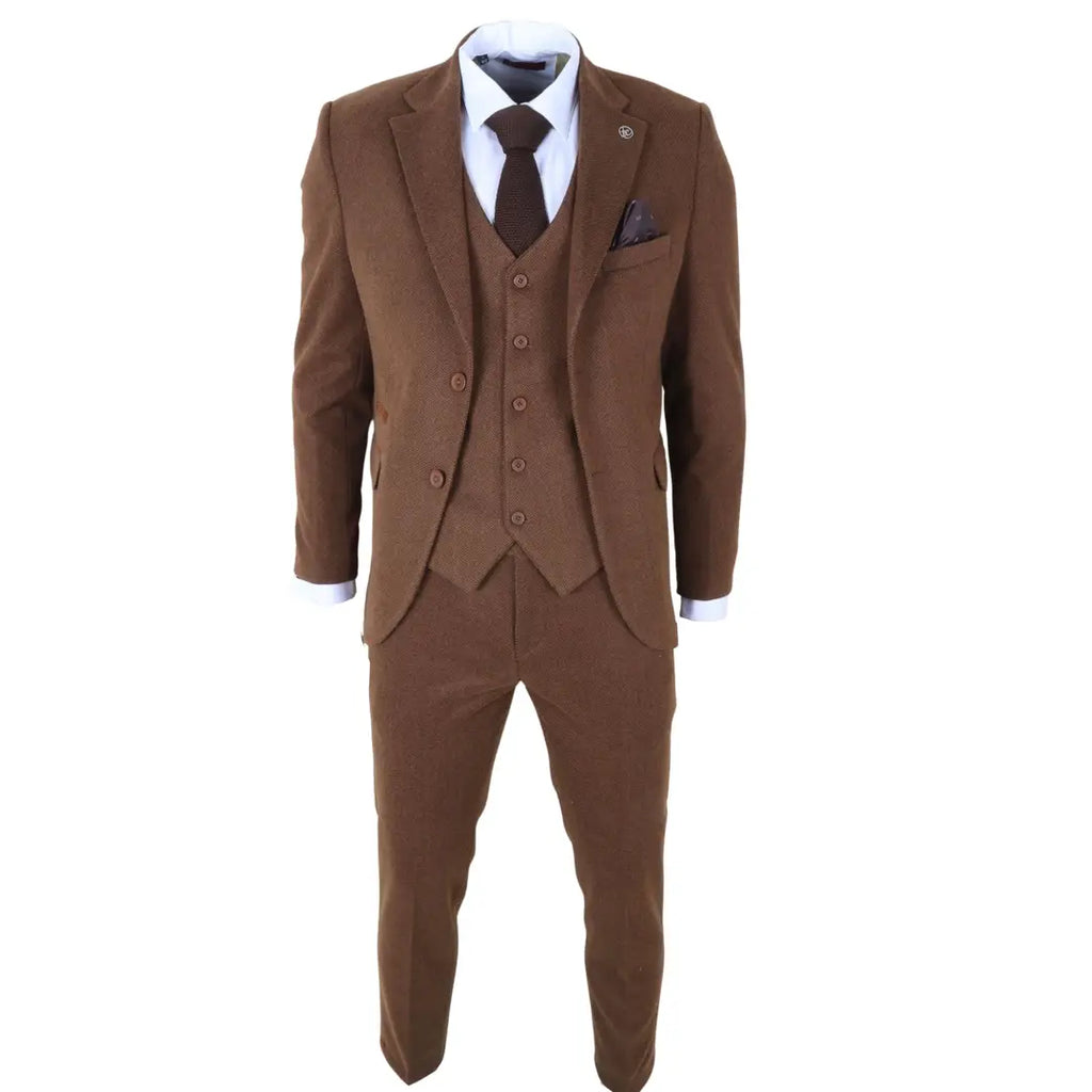 IM42 - Men's Brown 3 Piece Tweed Herringbone Suits