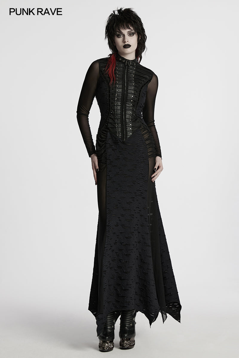 Punk Rave Seraphine Spinal Lace Panel Maxi Dress In Black - DevilGothic DevilGothic
