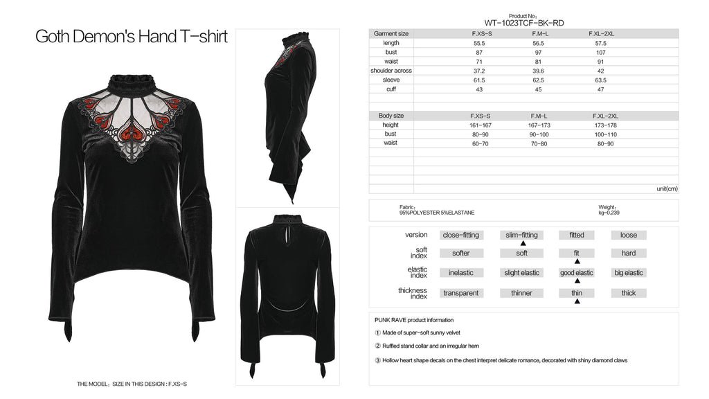 Punk Rave Belladonna Demon’s Hand Velvet T-Shirt in Red - DevilGothic DevilGothic