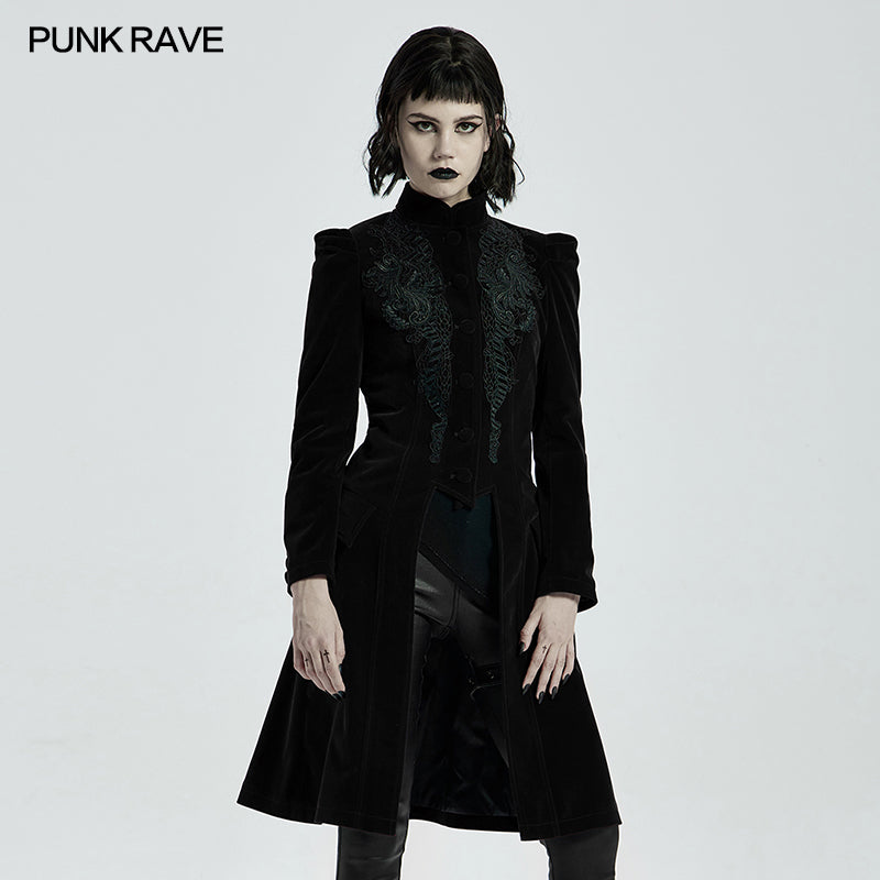 Punk Rave Nerezza Goth Mid-Length Embroidered Velvet Coat - DevilGothic DevilGothic