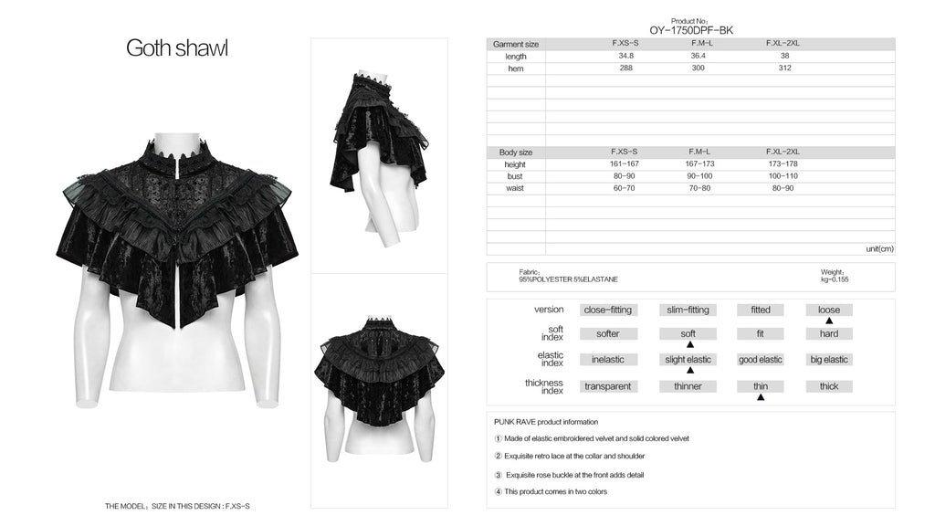 Punk Rave Elysia Velvet Ruffle Goth Shawl In Black - DevilGothic DevilGothic