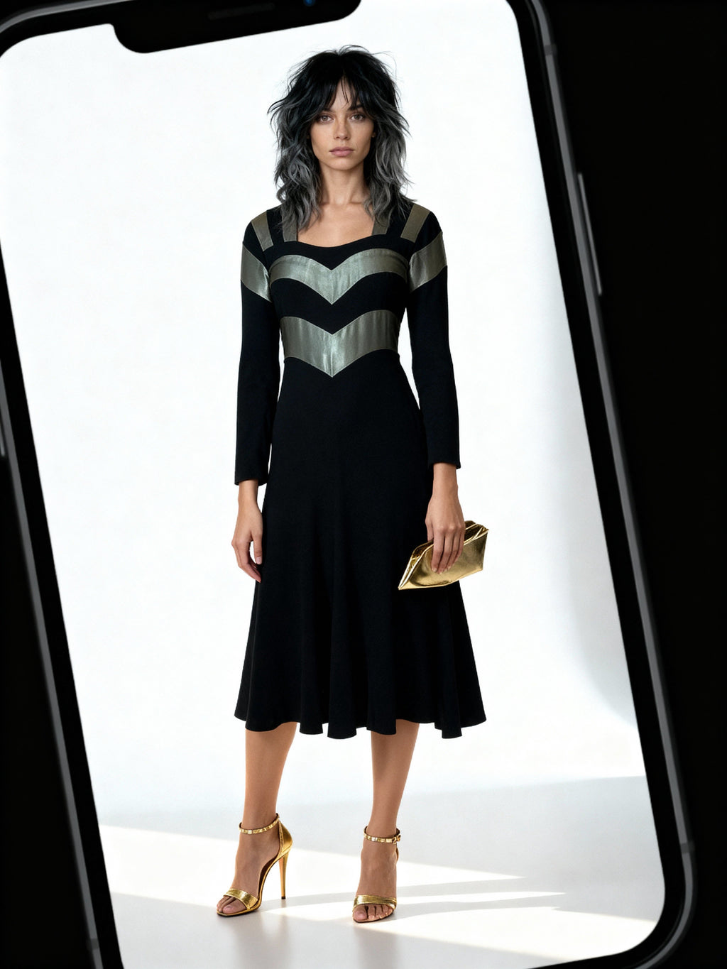 1970's Original Vintage Very Rare Ossie Clark / Quorum Black & Metallic Green Dress UK 8 - 10