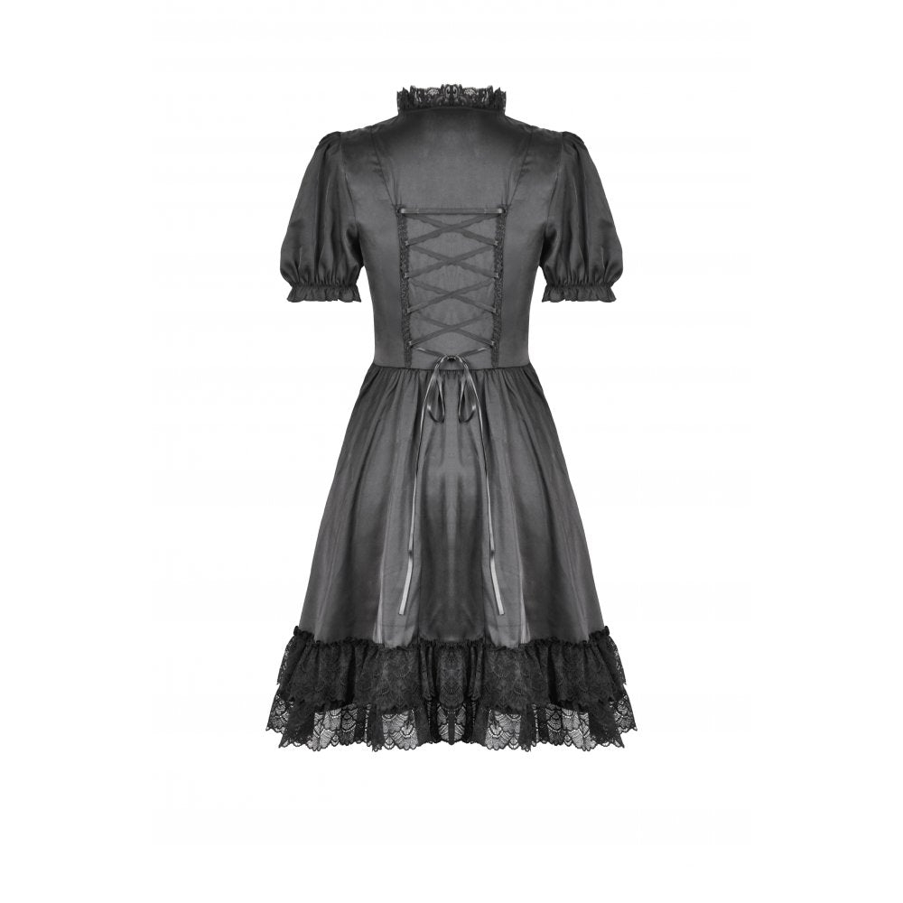Dark in Love Belladonna Lace-Up High Collar Puff Sleeve Goth Dress  in Black - DevilGothic DevilGothic