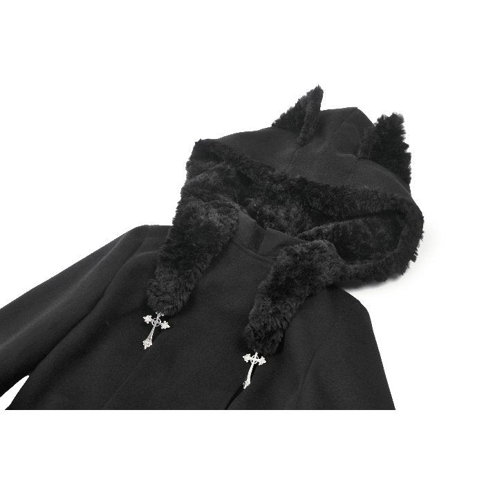 Dark in Love Cat-Ear Faux Fur Trim Gothic Coat - DevilGothic DevilGothic
