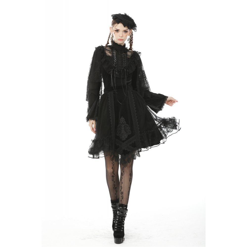 Dark in Love Melisandre Embroidered Velvet Mesh Goth Skirt in Black - DevilGothic DevilGothic