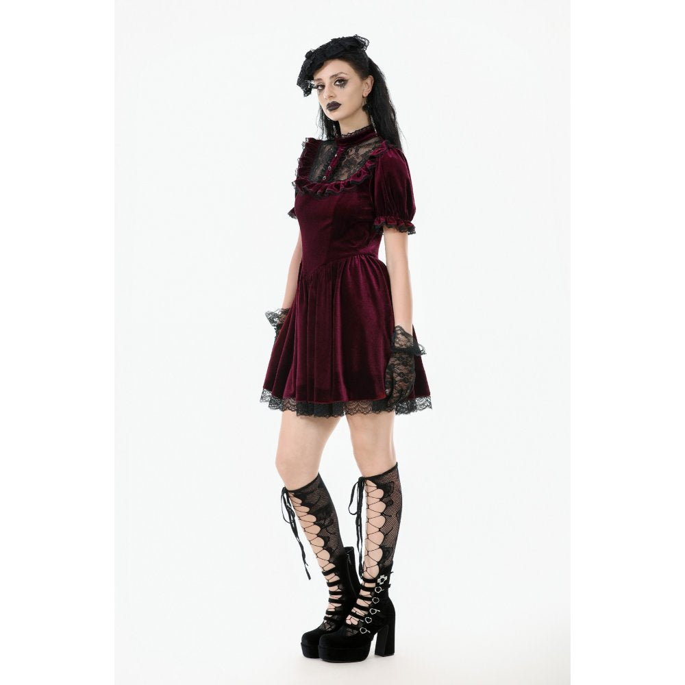 Dark in Love Ophelia Lace Collar Burgundy Velvet Goth Dress - DevilGothic DevilGothic