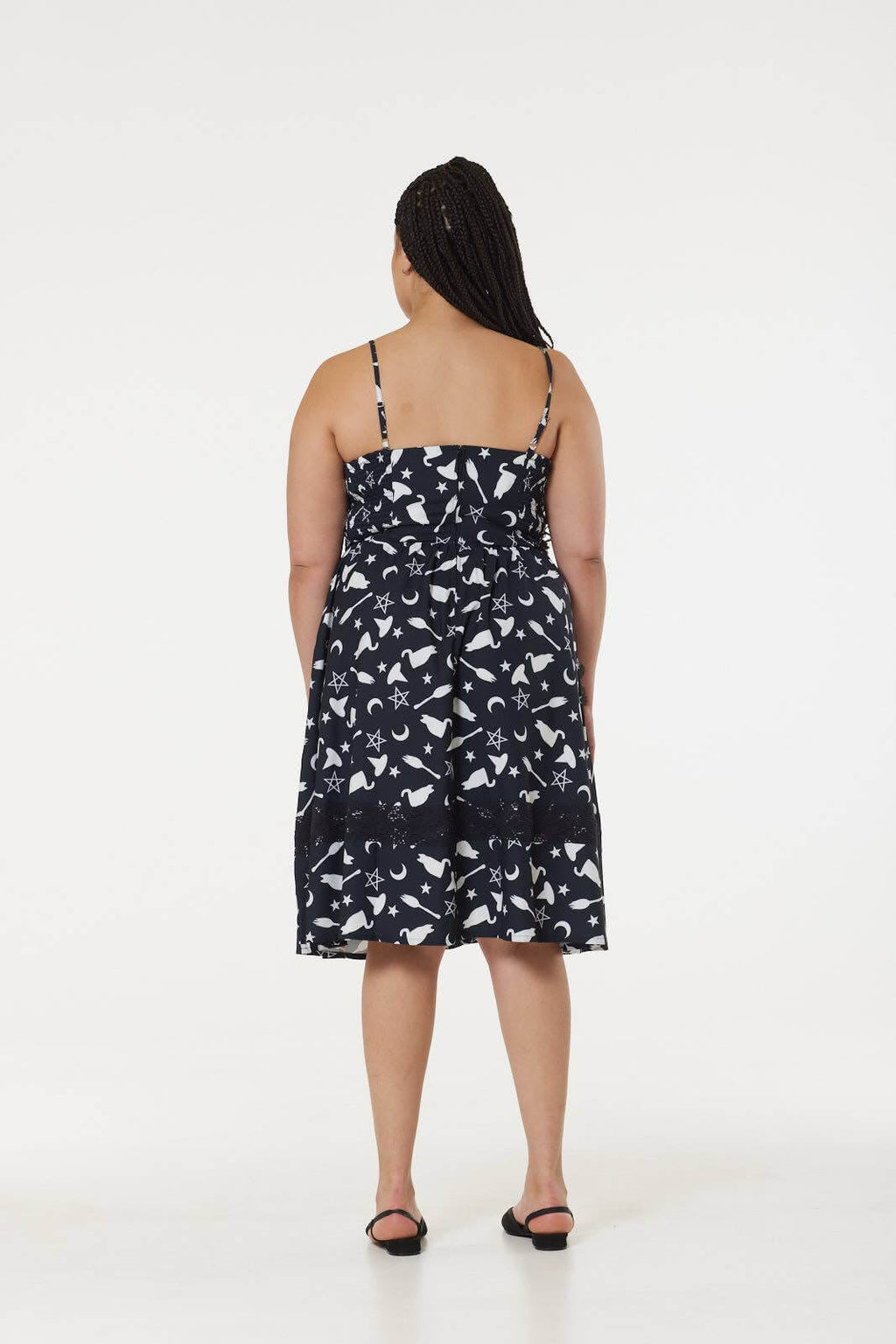 Alternative Midi Fit&Flare Witch Print Dress with Lace hem - DevilGothic DevilGothic