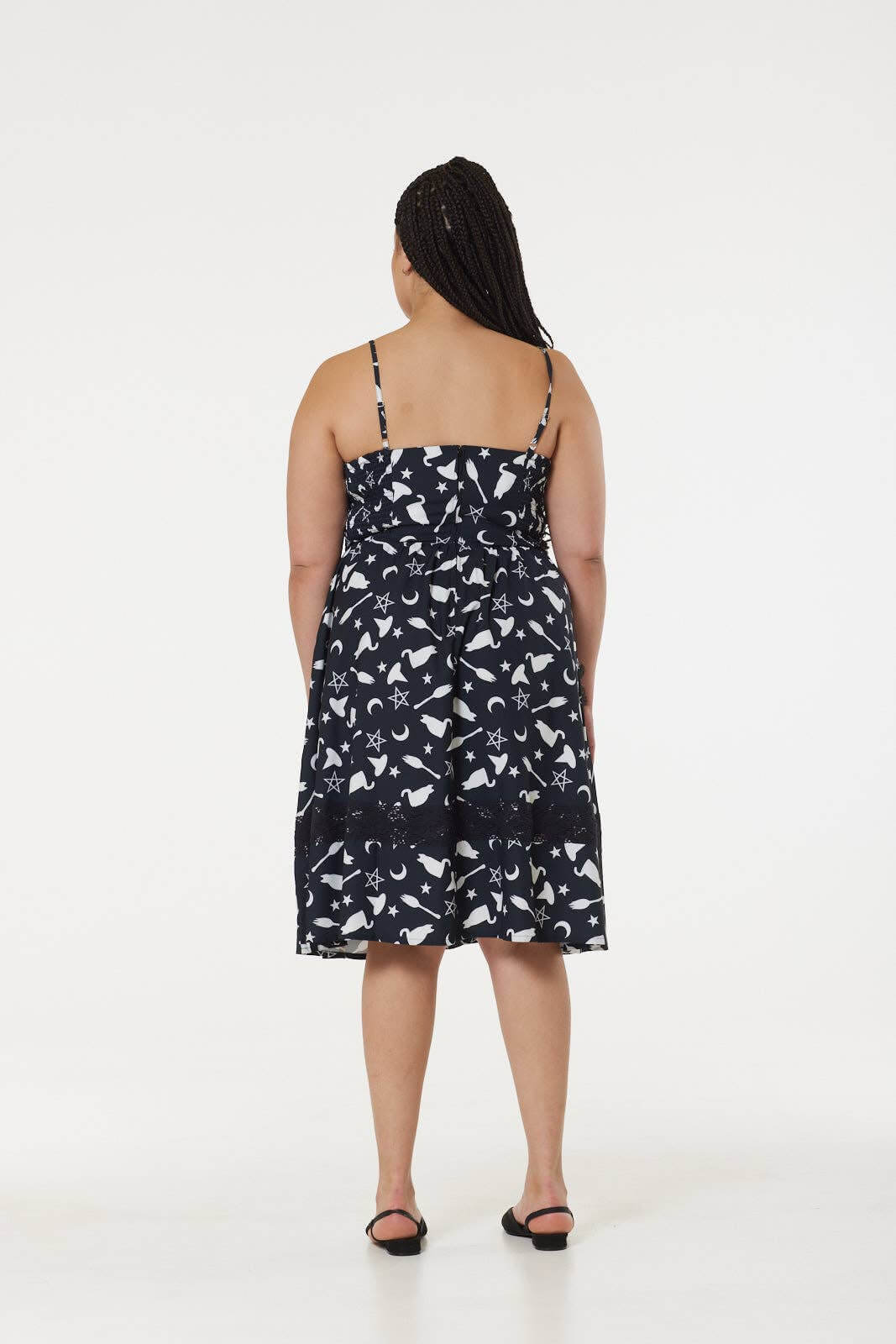 Alternative Midi Fit&Flare Witch Print Dress with Lace hem - DevilGothic DevilGothic