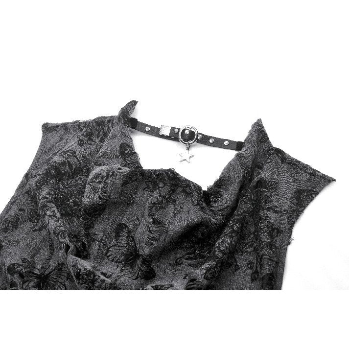 Dark in Love Shredded Butterfly Print Halter Goth Top In Grey - DevilGothic DevilGothic