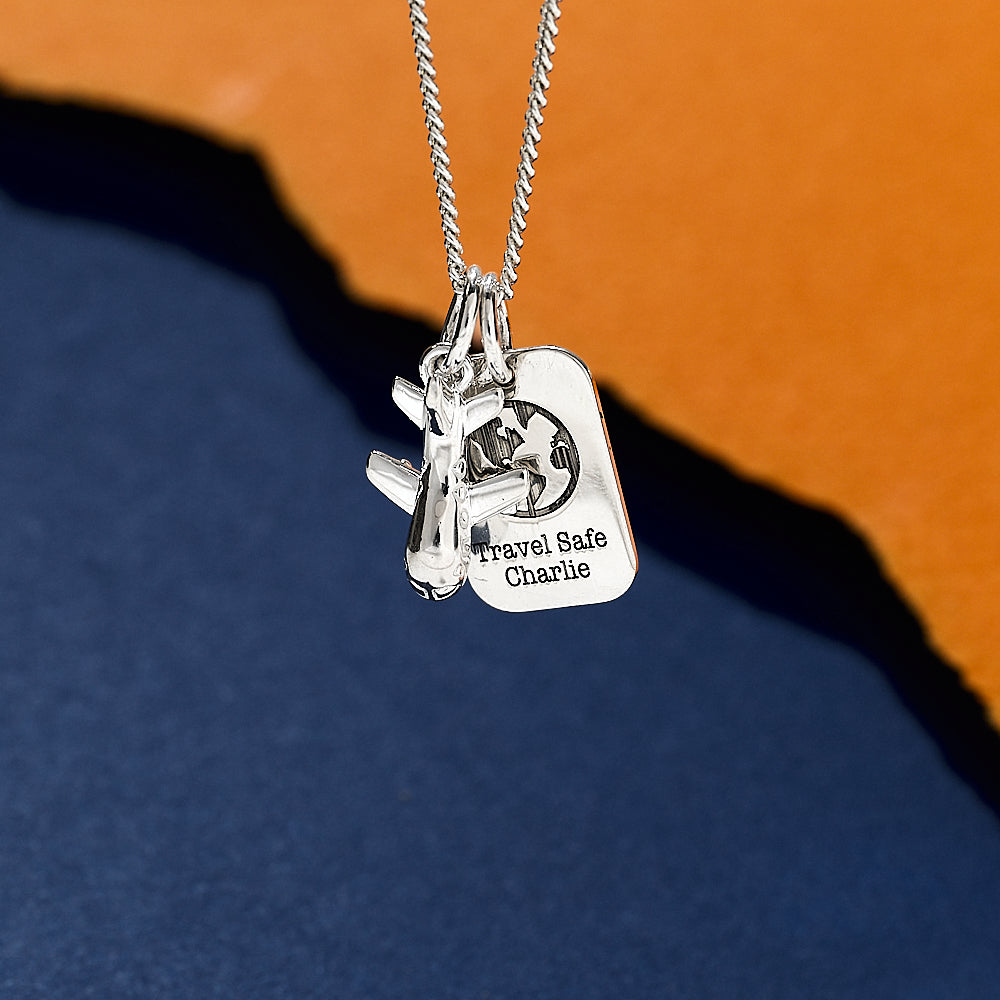 Aeroplane & Personalised Dog Tag Silver Necklace