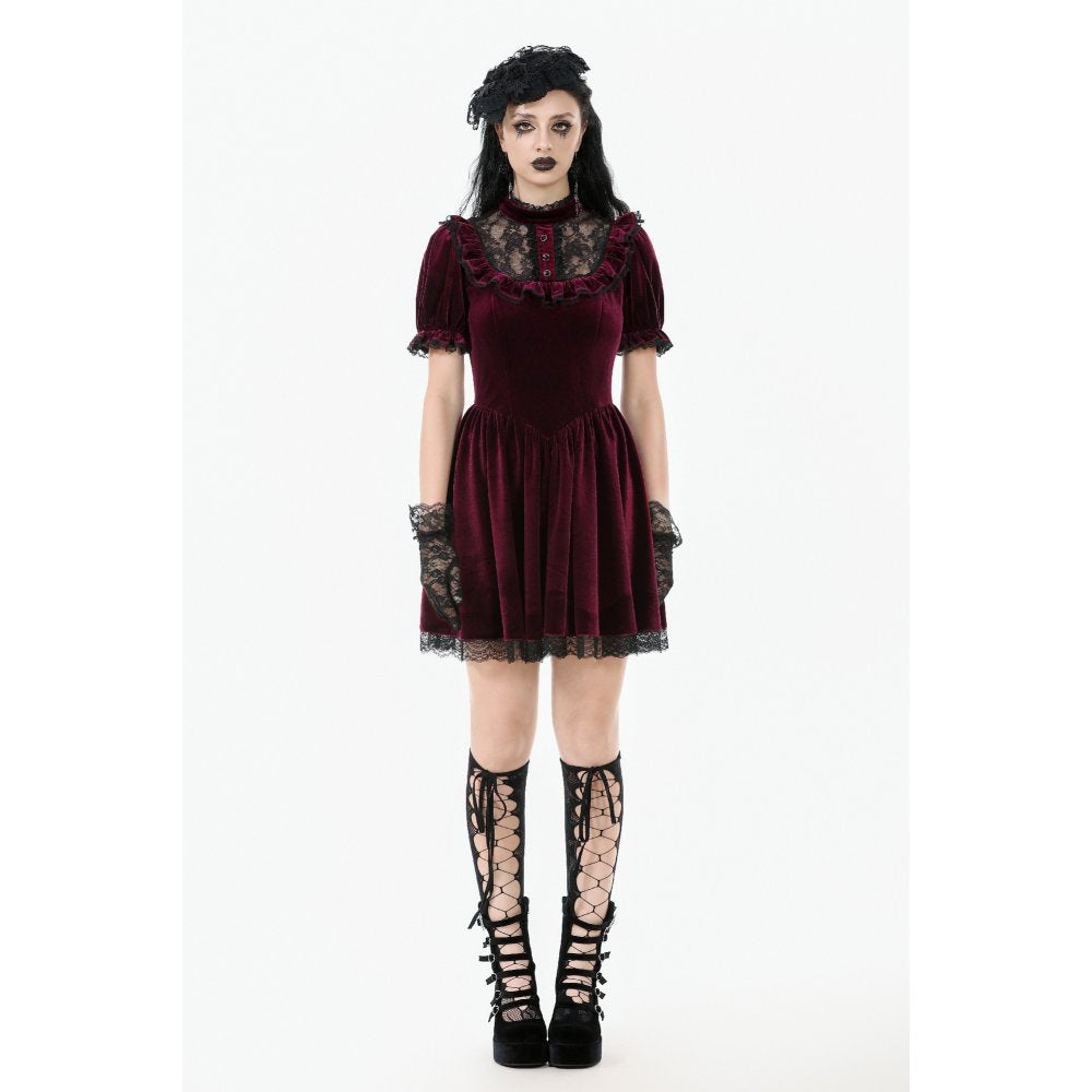 Dark in Love Ophelia Lace Collar Burgundy Velvet Goth Dress - DevilGothic DevilGothic