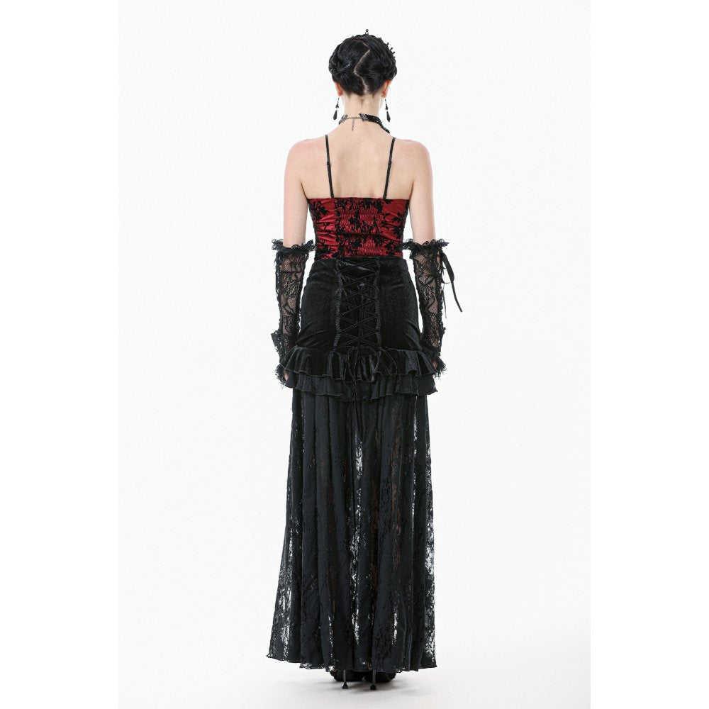 Dark in Love Gothic Lace Velvet Layered Maxi Skirt in Black - DevilGothic DevilGothic