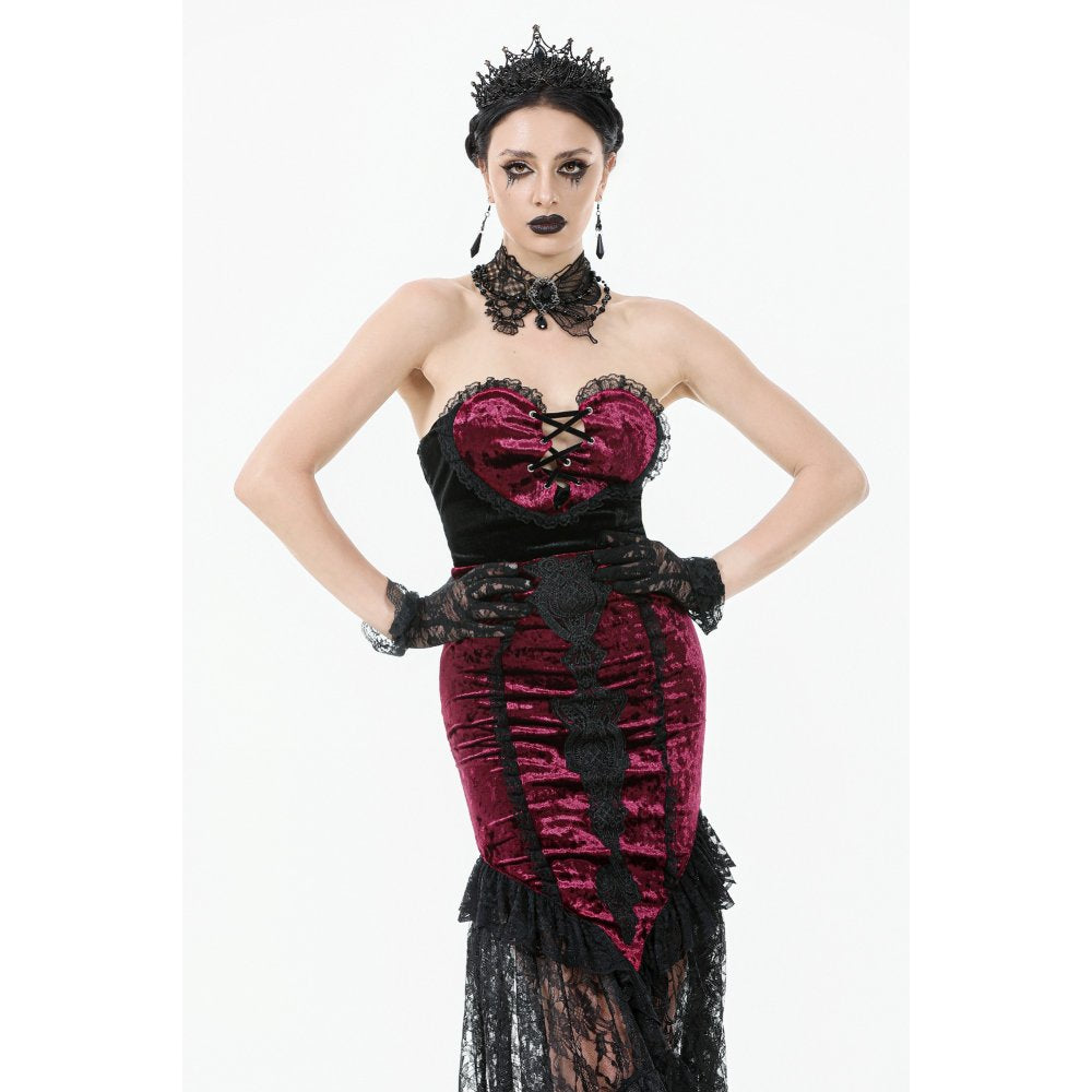 Dark in Love Crimson Queen Lace High-Low Goth Skirt in Burgundy & Black - DevilGothic DevilGothic