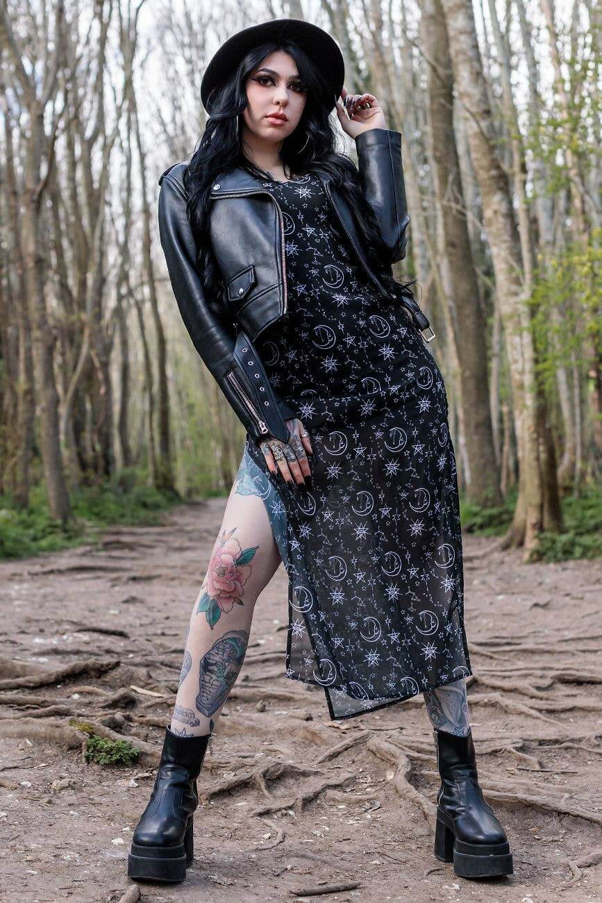 Alternative Moonprint Maxi Dress With Straps And Leg Split - DevilGothic DevilGothic