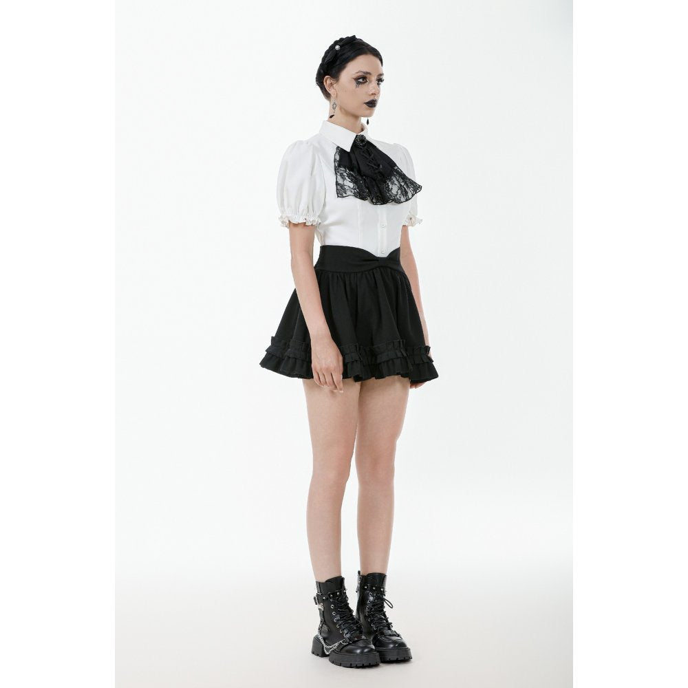 Dark in Love Elysia Ruffle Bib Puff Sleeve Goth Blouse in White - DevilGothic DevilGothic