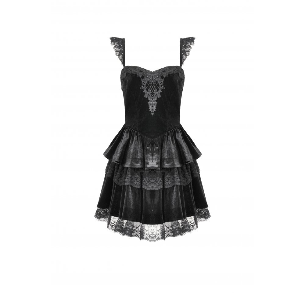 Dark in Love Nocturne Ruffled Velvet Lace Goth Dress in Black - DevilGothic DevilGothic