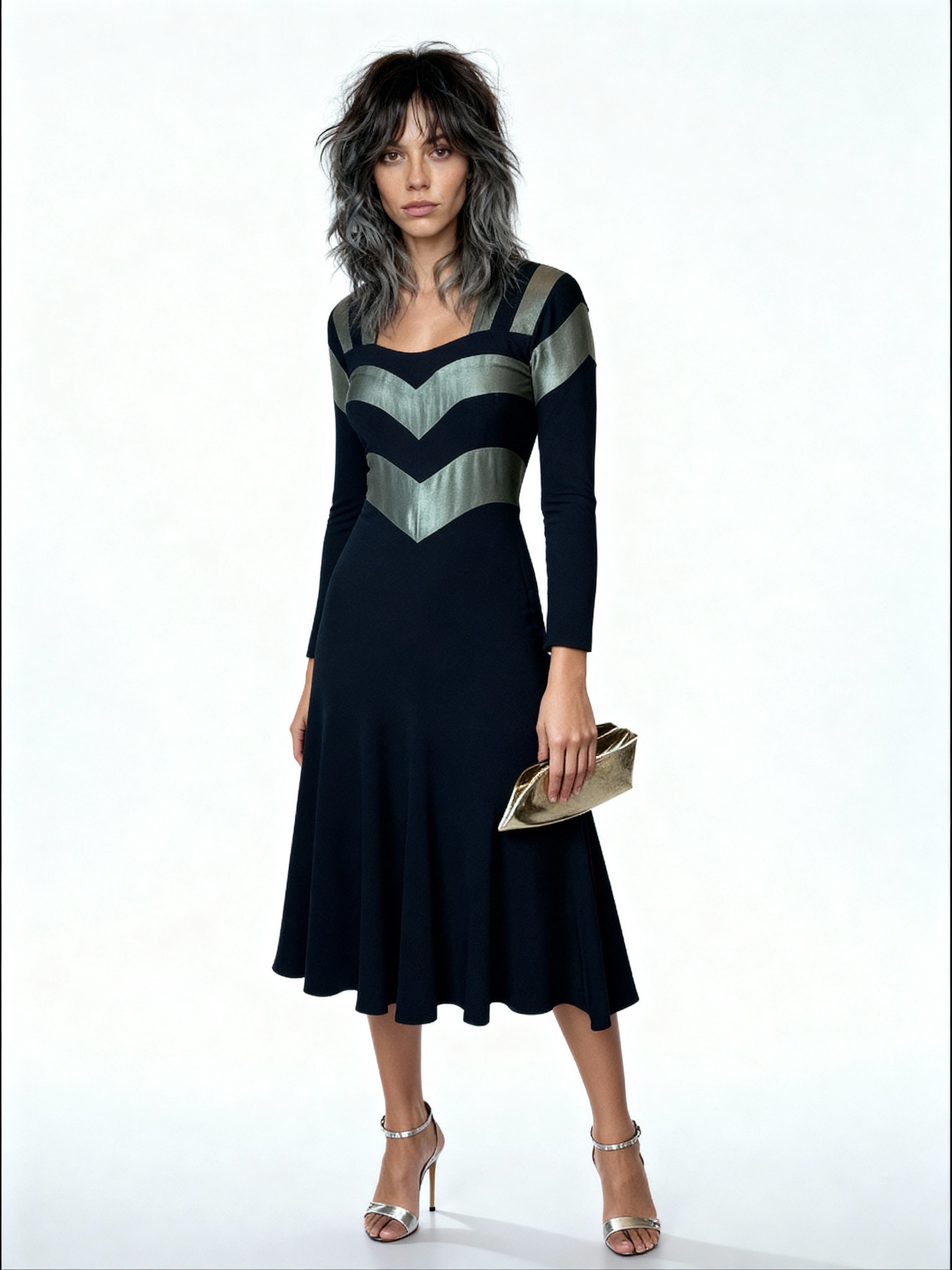 1970's Original Vintage Very Rare Ossie Clark / Quorum Black & Metallic Green Dress UK 8 - 10