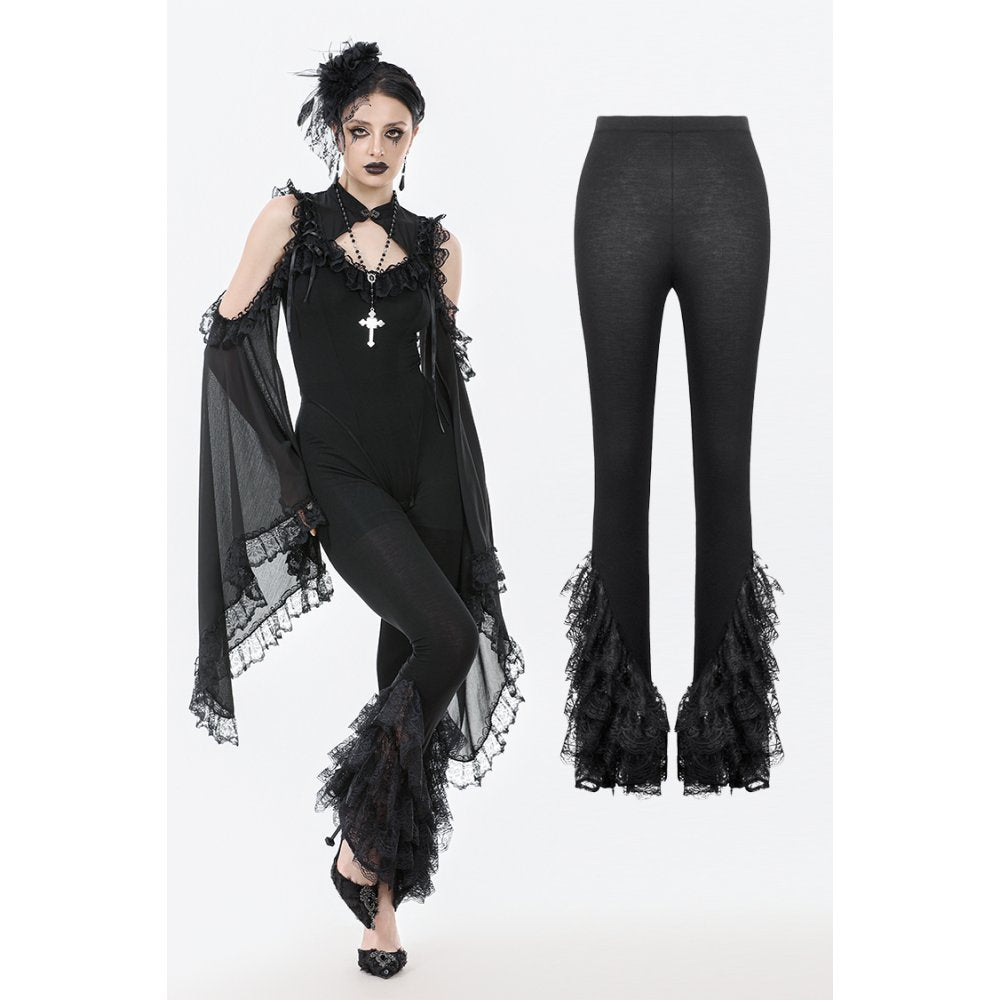 Dark in Love Goth Flare Leggings with Lace Frills - DevilGothic DevilGothic