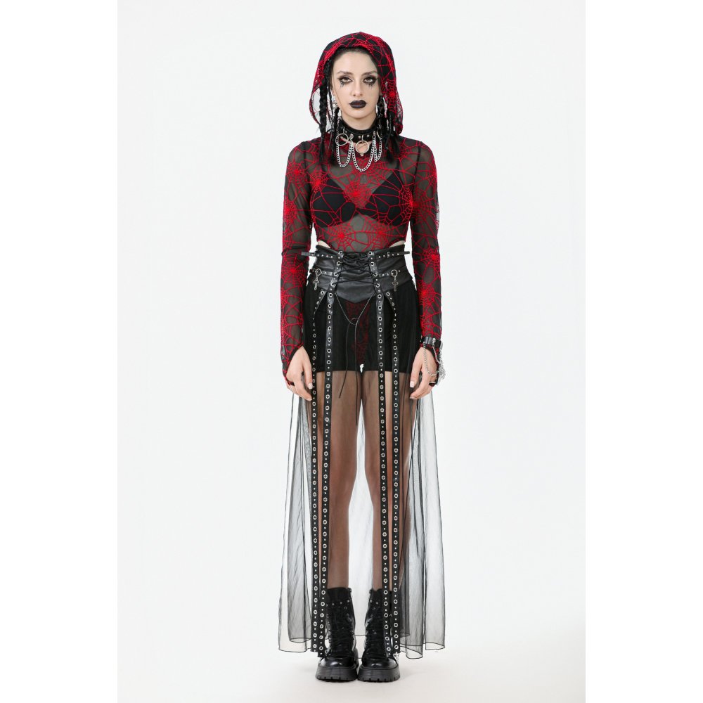 Dark in Love Gothic Sheer Mesh Maxi Skirt with PU Waist Corset - DevilGothic DevilGothic