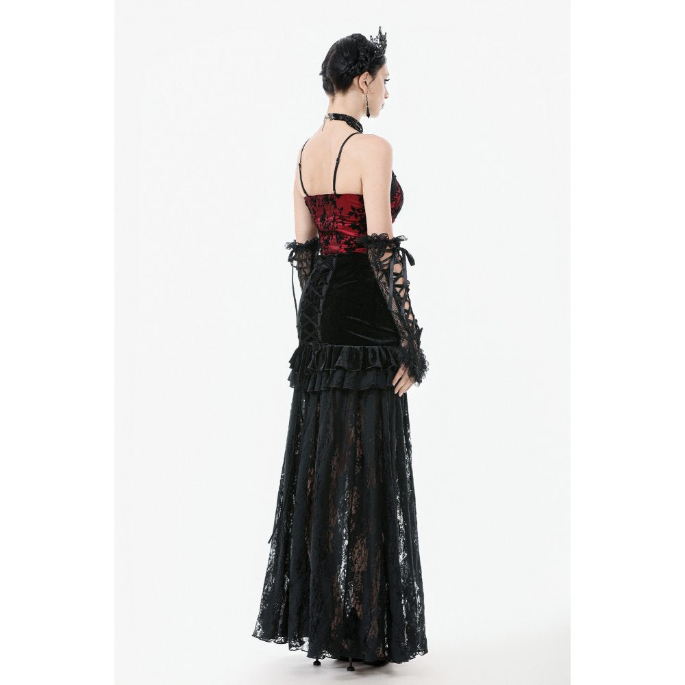 Dark in Love Gothic Lace Velvet Layered Maxi Skirt in Black - DevilGothic DevilGothic