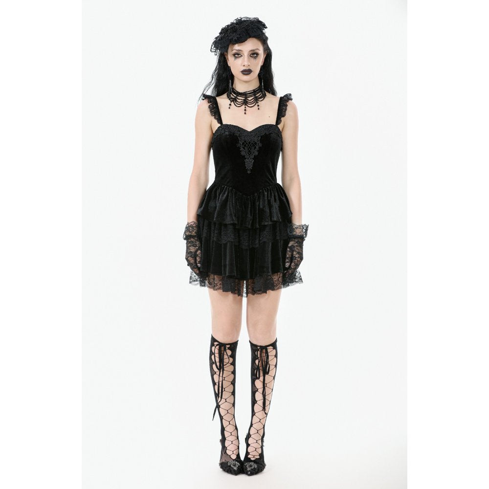 Dark in Love Nocturne Ruffled Velvet Lace Goth Dress in Black - DevilGothic DevilGothic