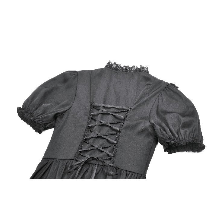 Dark in Love Belladonna Lace-Up High Collar Puff Sleeve Goth Dress  in Black - DevilGothic DevilGothic