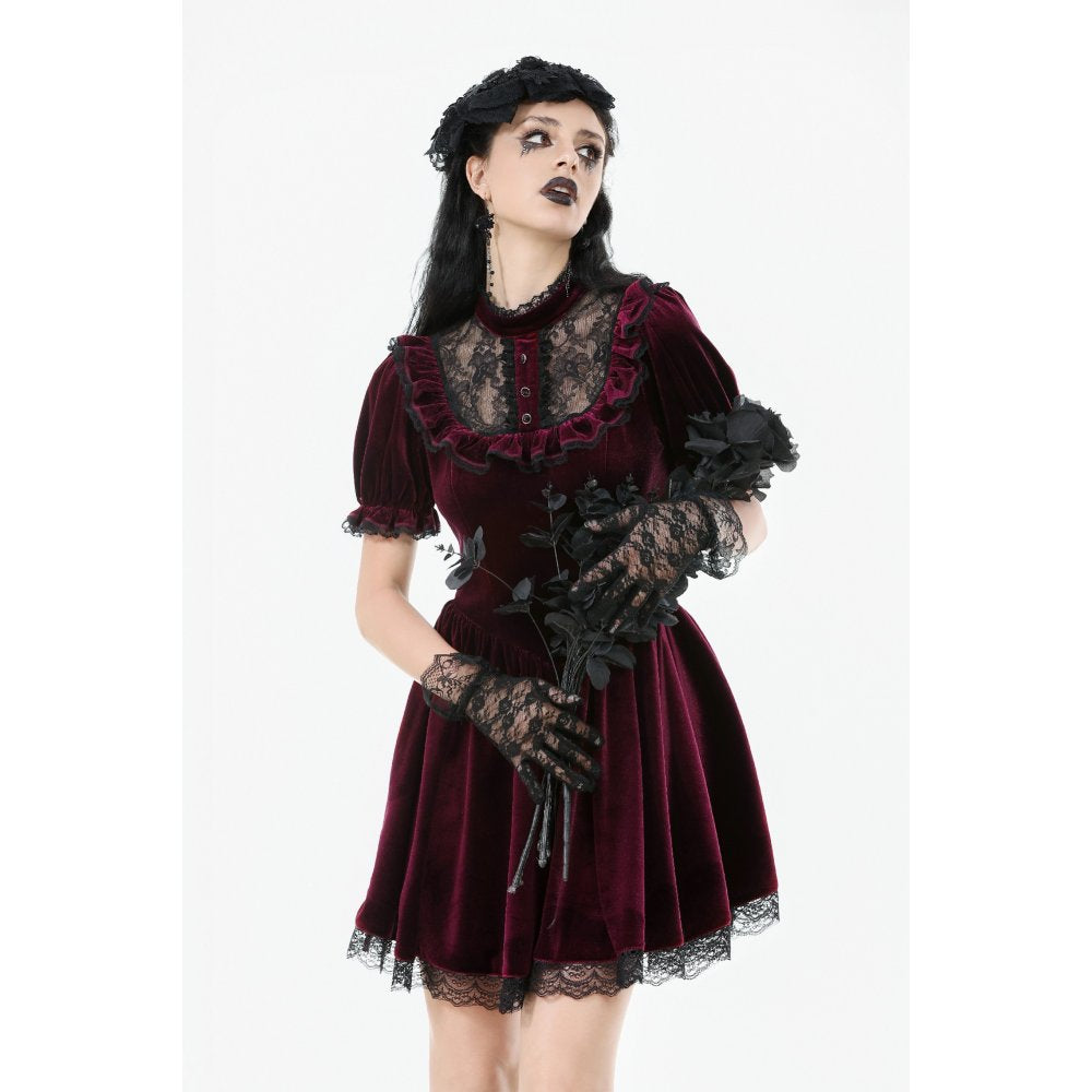 Dark in Love Ophelia Lace Collar Burgundy Velvet Goth Dress - DevilGothic DevilGothic