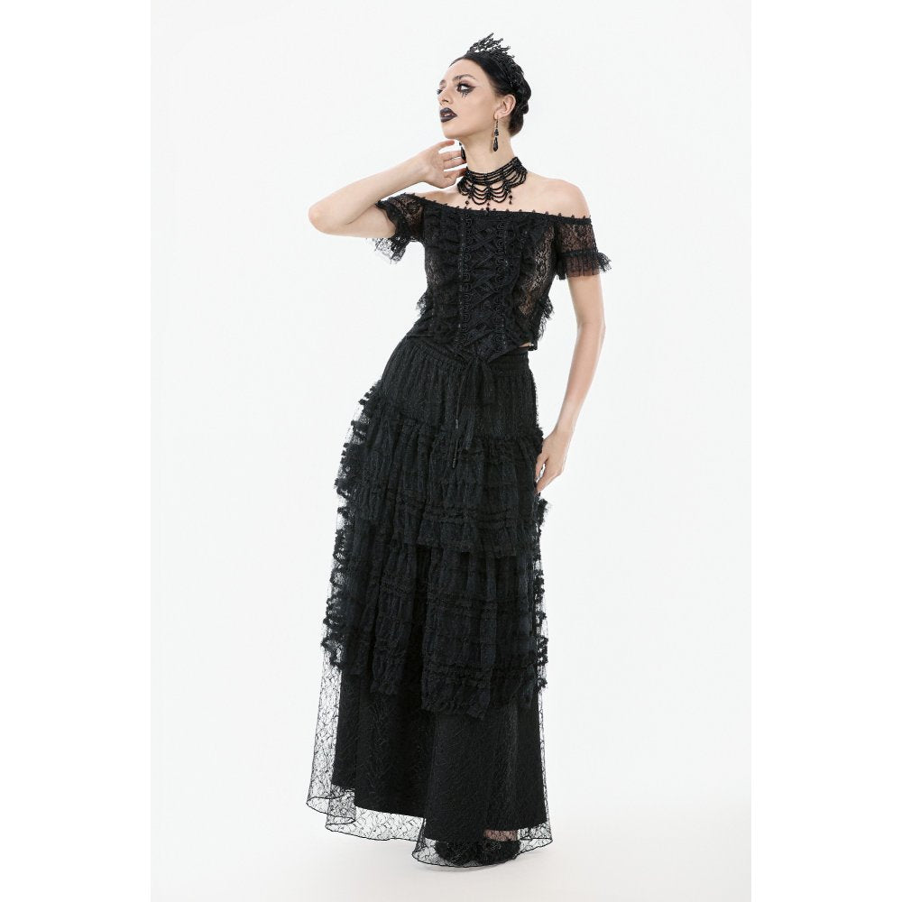 Dark in Love Morticia Gothic Velvet & Lace Skirt in Black - DevilGothic DevilGothic
