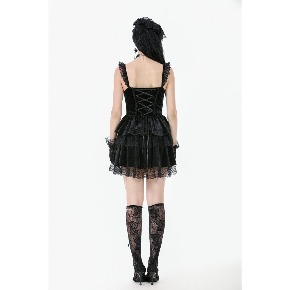 Dark in Love Nocturne Ruffled Velvet Lace Goth Dress in Black - DevilGothic DevilGothic