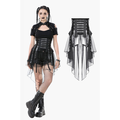 Dark in Love Draven Layered Mesh & Faux Leather Waist Cincher Skirt - DevilGothic DevilGothic