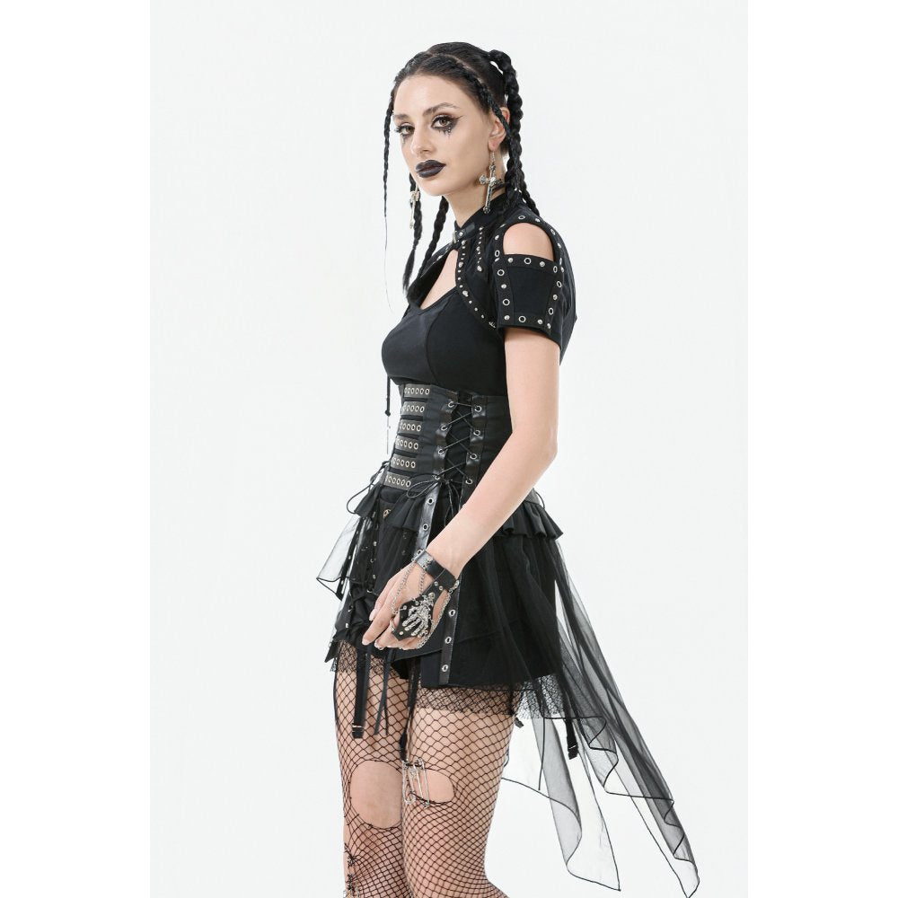 Dark in Love Draven Layered Mesh & Faux Leather Waist Cincher Skirt - DevilGothic DevilGothic