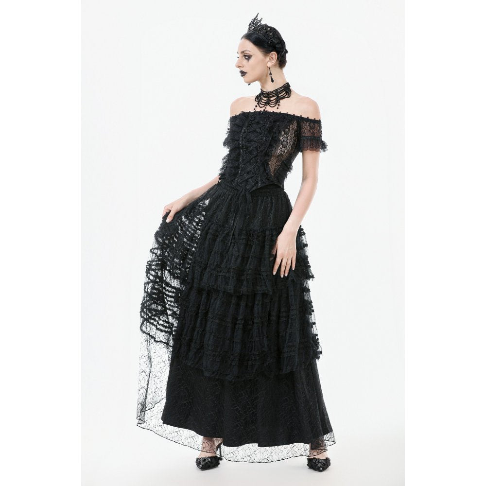 Dark in Love Morticia Gothic Velvet & Lace Skirt in Black - DevilGothic DevilGothic