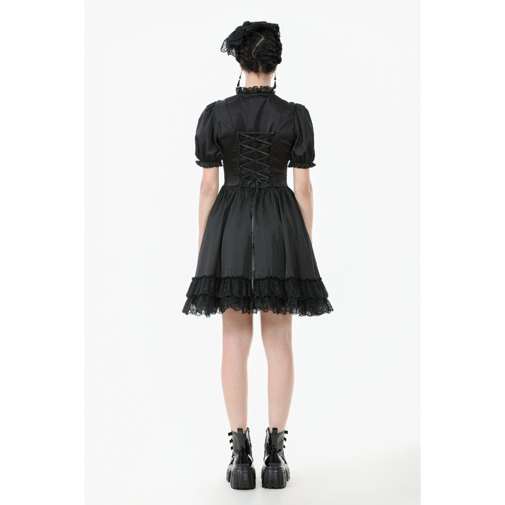 Dark in Love Belladonna Lace-Up High Collar Puff Sleeve Goth Dress  in Black - DevilGothic DevilGothic