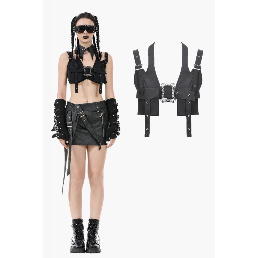 Dark in Love Evangeline Buckled Utility Crop Top in Black - DevilGothic DevilGothic