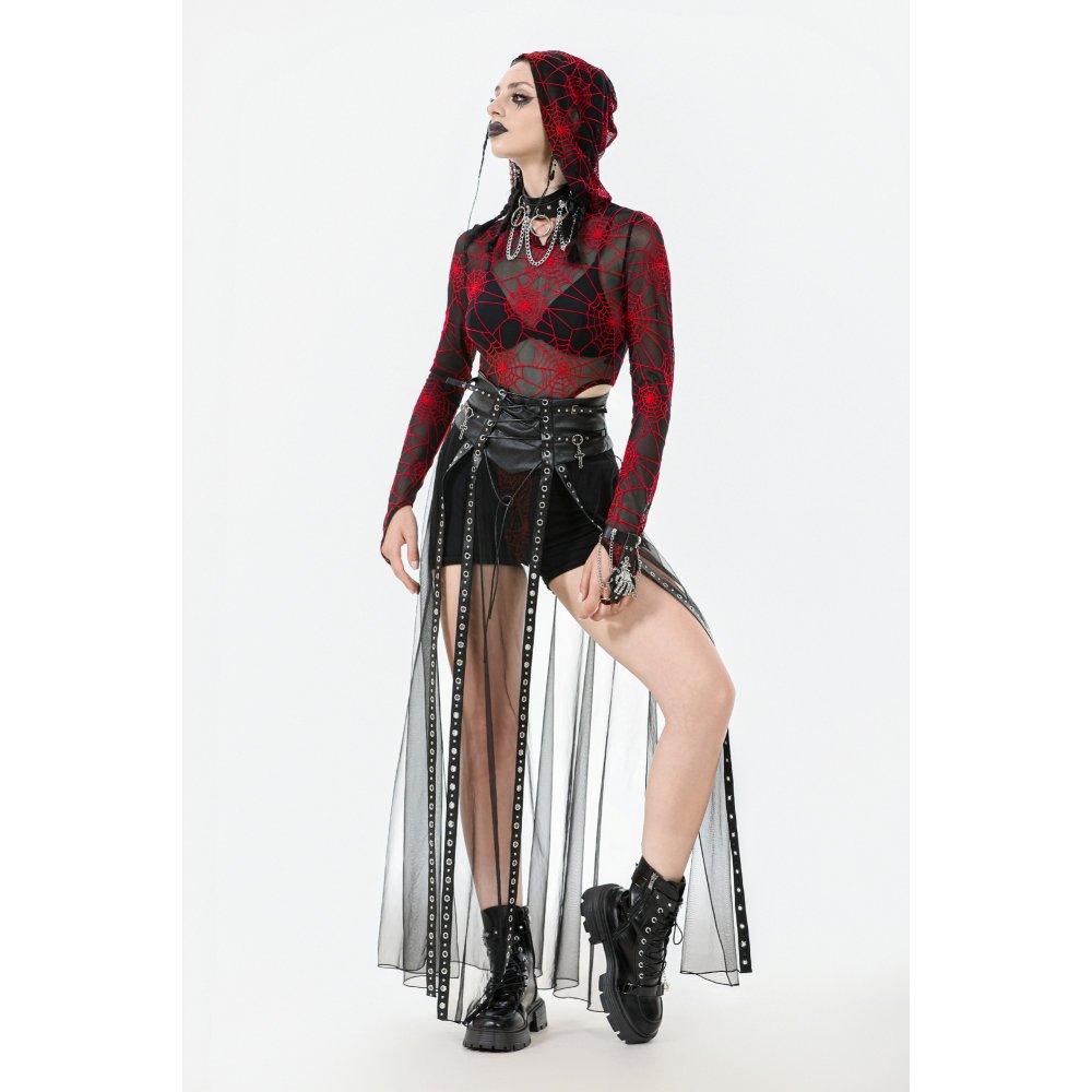 Dark in Love Gothic Sheer Mesh Maxi Skirt with PU Waist Corset - DevilGothic DevilGothic