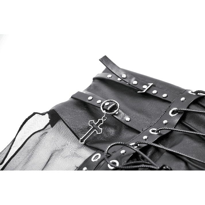 Dark in Love Gothic Sheer Mesh Maxi Skirt with PU Waist Corset - DevilGothic DevilGothic