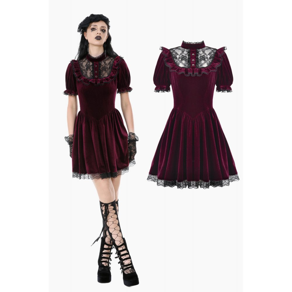 Dark in Love Ophelia Lace Collar Burgundy Velvet Goth Dress - DevilGothic DevilGothic