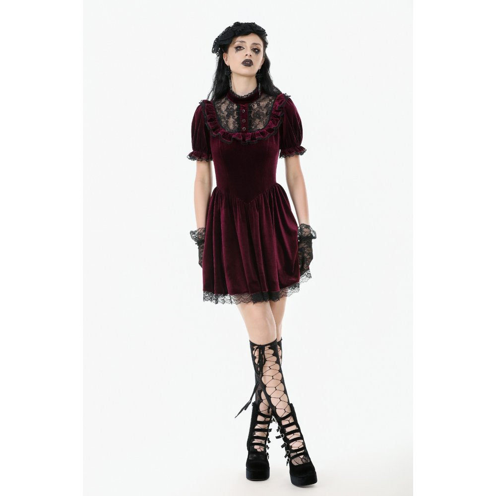 Dark in Love Ophelia Lace Collar Burgundy Velvet Goth Dress - DevilGothic DevilGothic