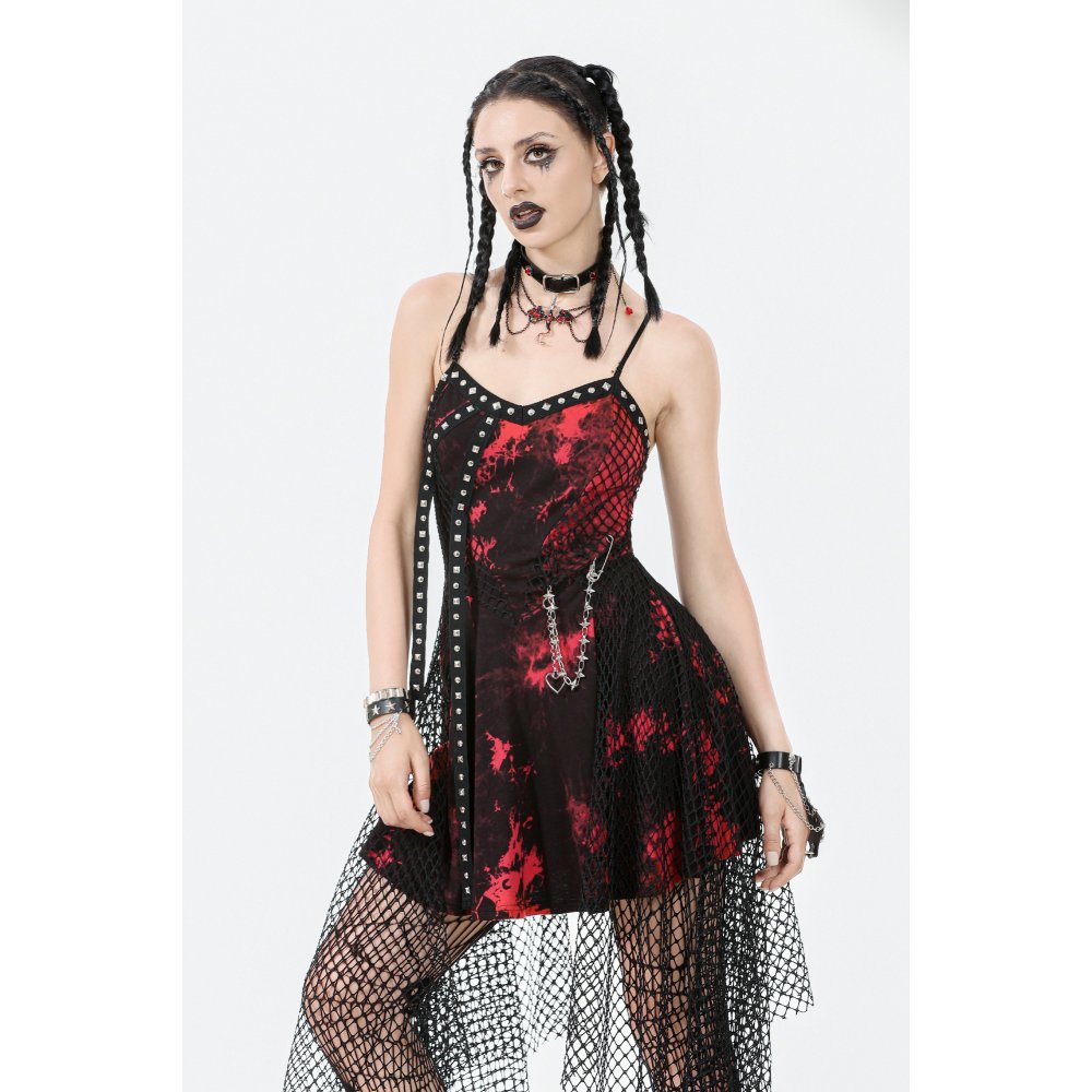 Dark in Love Bellatrix Red & Black Mesh Asymmetrical Dress - DevilGothic DevilGothic