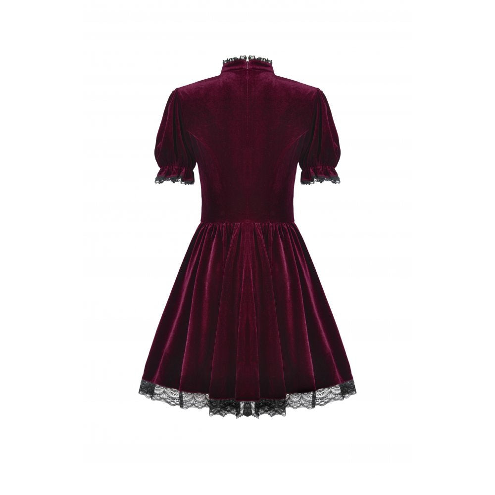Dark in Love Ophelia Lace Collar Burgundy Velvet Goth Dress - DevilGothic DevilGothic