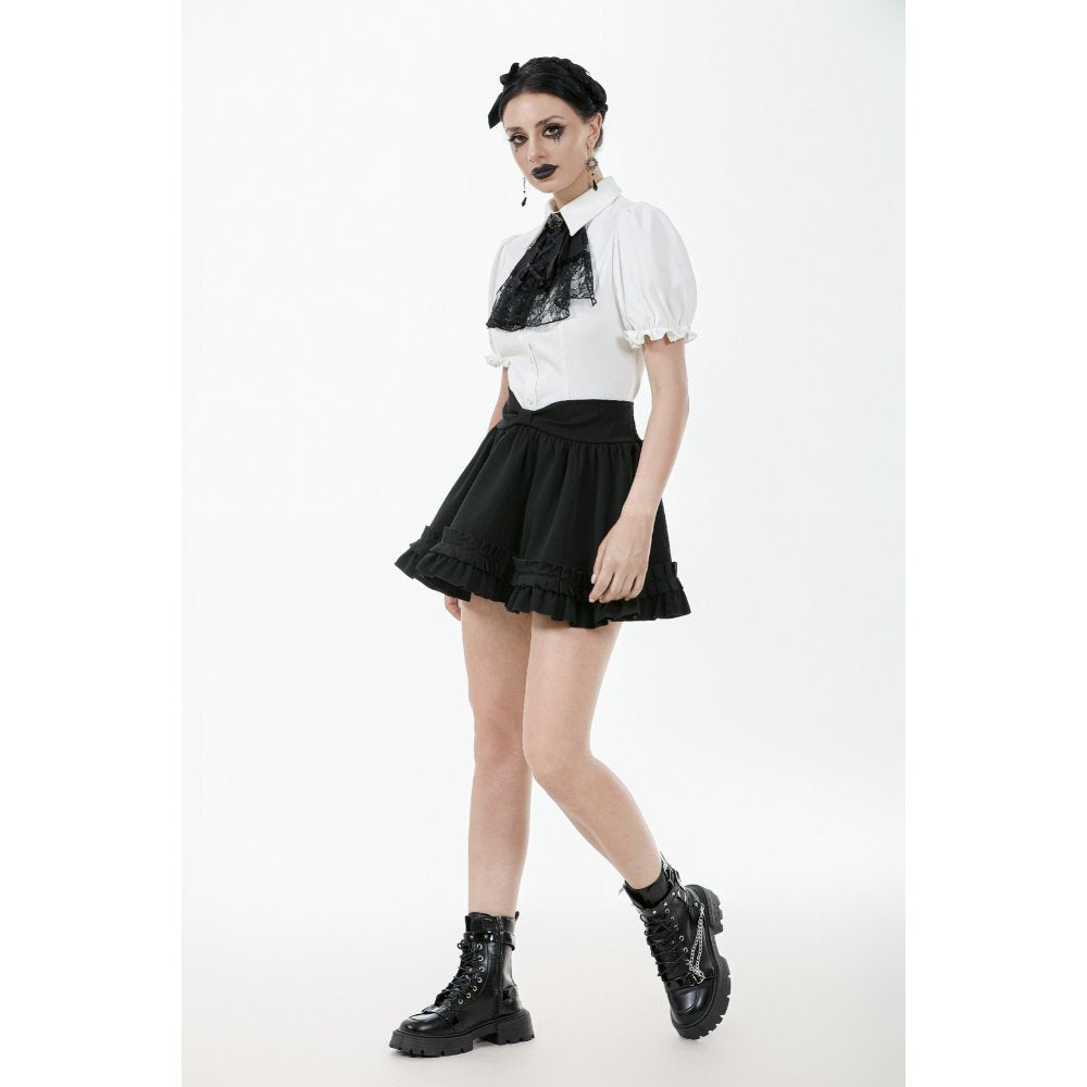 Dark in Love Elysia Ruffle Bib Puff Sleeve Goth Blouse in White - DevilGothic DevilGothic