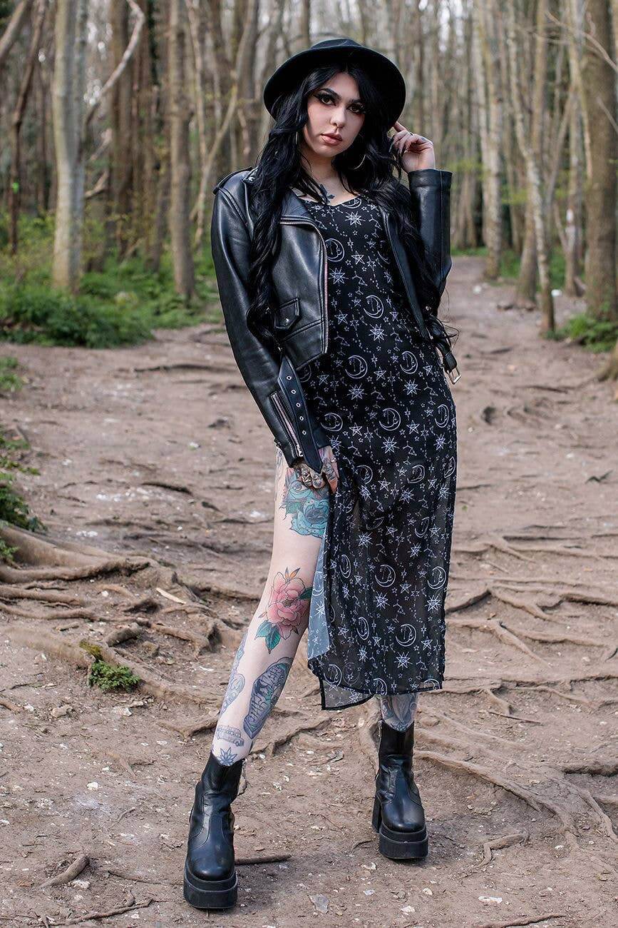 Alternative Moonprint Maxi Dress With Straps And Leg Split - DevilGothic DevilGothic